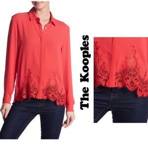 The kooples xxs red/coral lace trim button front shirt coquette corporate chic